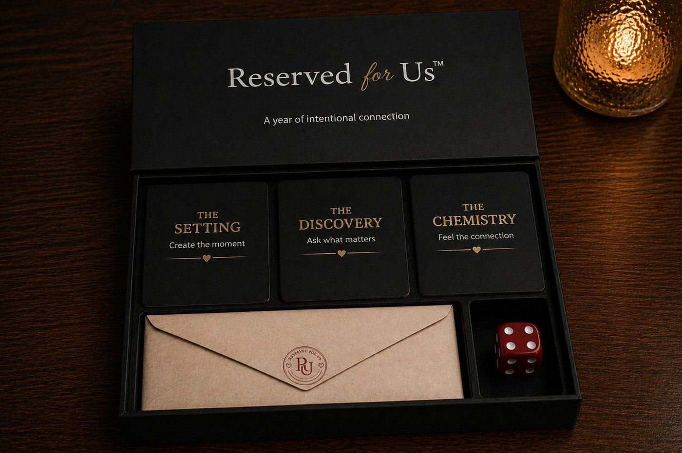 Reserved for Us box with cards, envelope, and red die